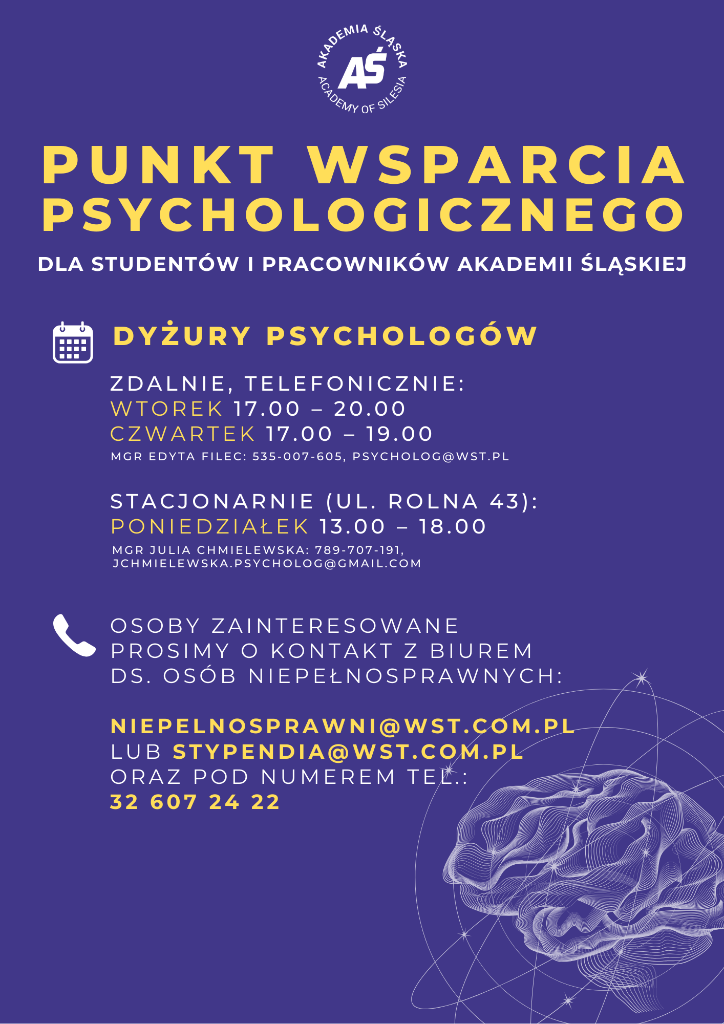 PUNKT WSPARCIA PSYCHOLOGICZNEGO DLA STUDENTÓW I PRACOWNIKÓW AKADEMII ŚLĄSKIEJ