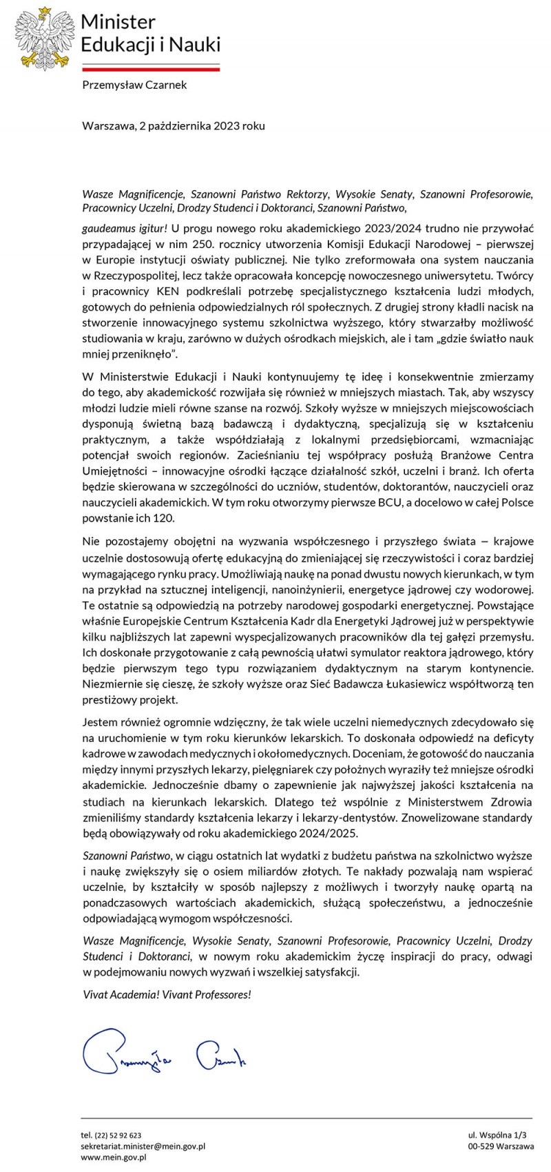 LIST INAUGURACYJNY MINISTRA EDUKACJI I NAUKI NA NOWY ROK AKADEMICKI