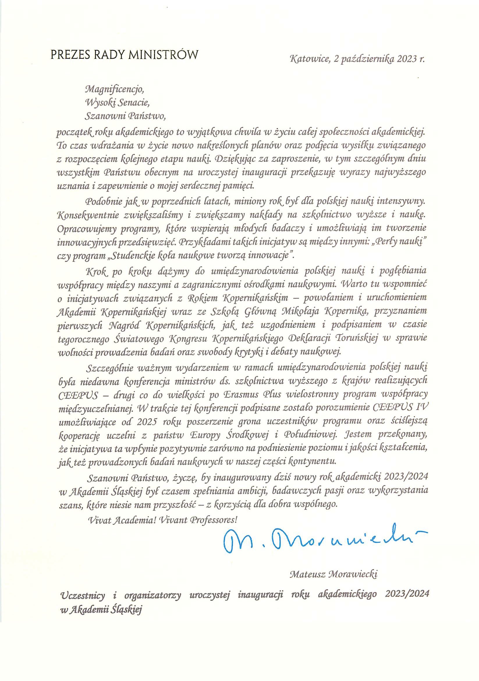 LIST INAUGURACYJNY PREZESA RADY MINISTRÓW NA NOWY ROK AKADEMICKI