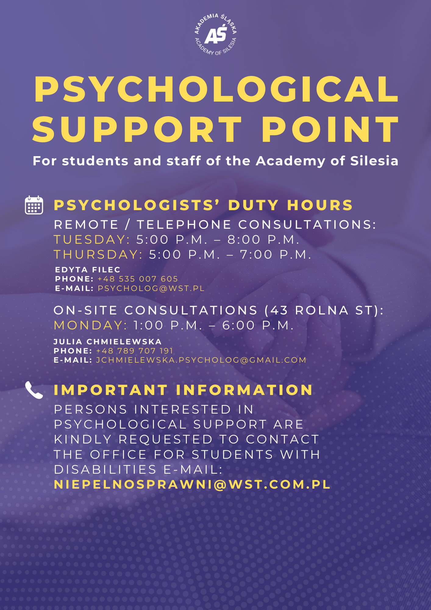 PSYCHOLOGICAL SUPPORT POINT  FOR STUDENT AND STAFF OF THE ACADEMY OF SILESIA