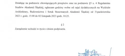 GODZINY WOLNE OD ZAJĘĆ DYDAKTYCZNYCH DLA STUDENTÓW WYDZIAŁU ARCHITEKTURY, BUDOWNICTWA I SZTUK STOSOWANYCH