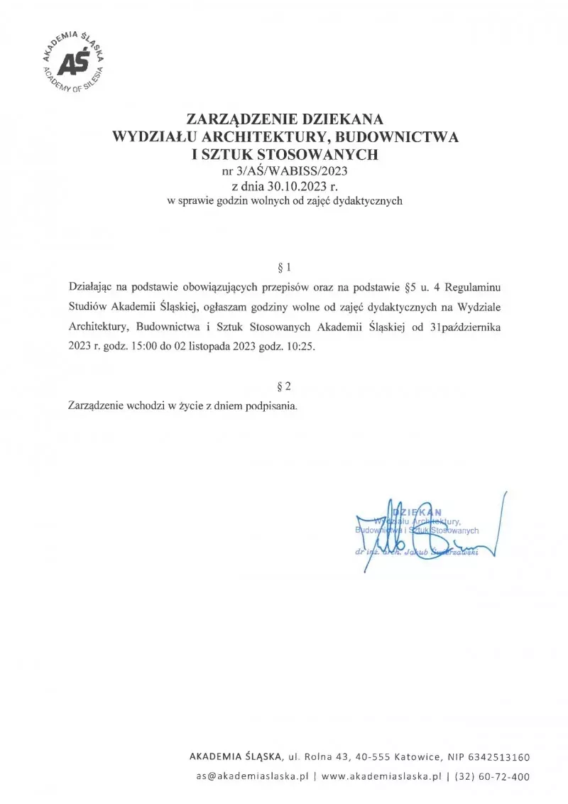 GODZINY WOLNE OD ZAJĘĆ DYDAKTYCZNYCH DLA STUDENTÓW WYDZIAŁU ARCHITEKTURY, BUDOWNICTWA I SZTUK STOSOWANYCH