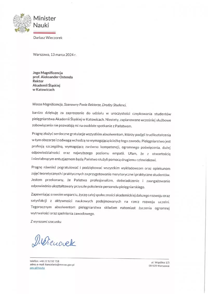 LIST MINISTRA ZDROWIA - UROCZYSTOŚĆ CZEPKOWANIA 2024