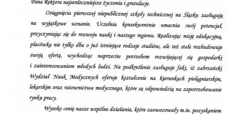 LIST INAUGURACYJNY PREZYDENTA MIASTA ZABRZE NA NOWY ROK AKADEMICKI