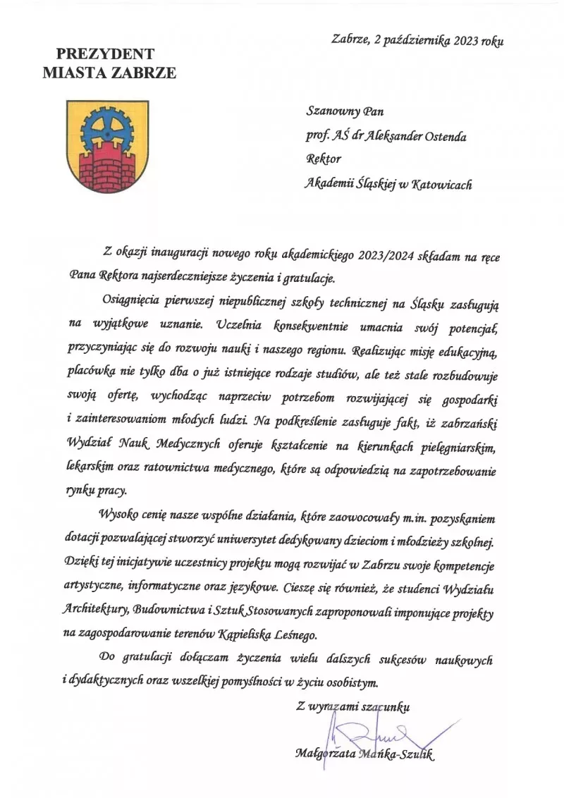 LIST INAUGURACYJNY PREZYDENTA MIASTA ZABRZE NA NOWY ROK AKADEMICKI