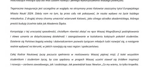 LIST INAUGURACYJNY PREZYDENTA KATOWIC NA NOWY ROK AKADEMICKI