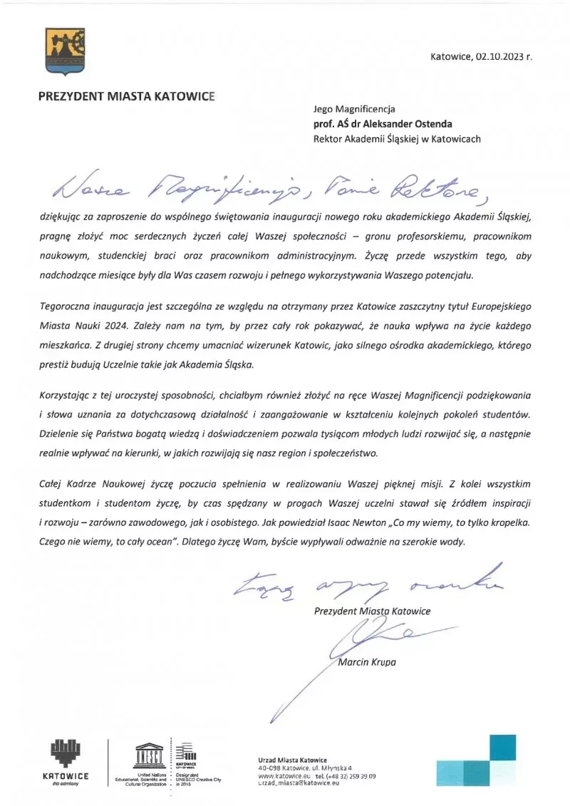 LIST INAUGURACYJNY PREZYDENTA KATOWIC NA NOWY ROK AKADEMICKI