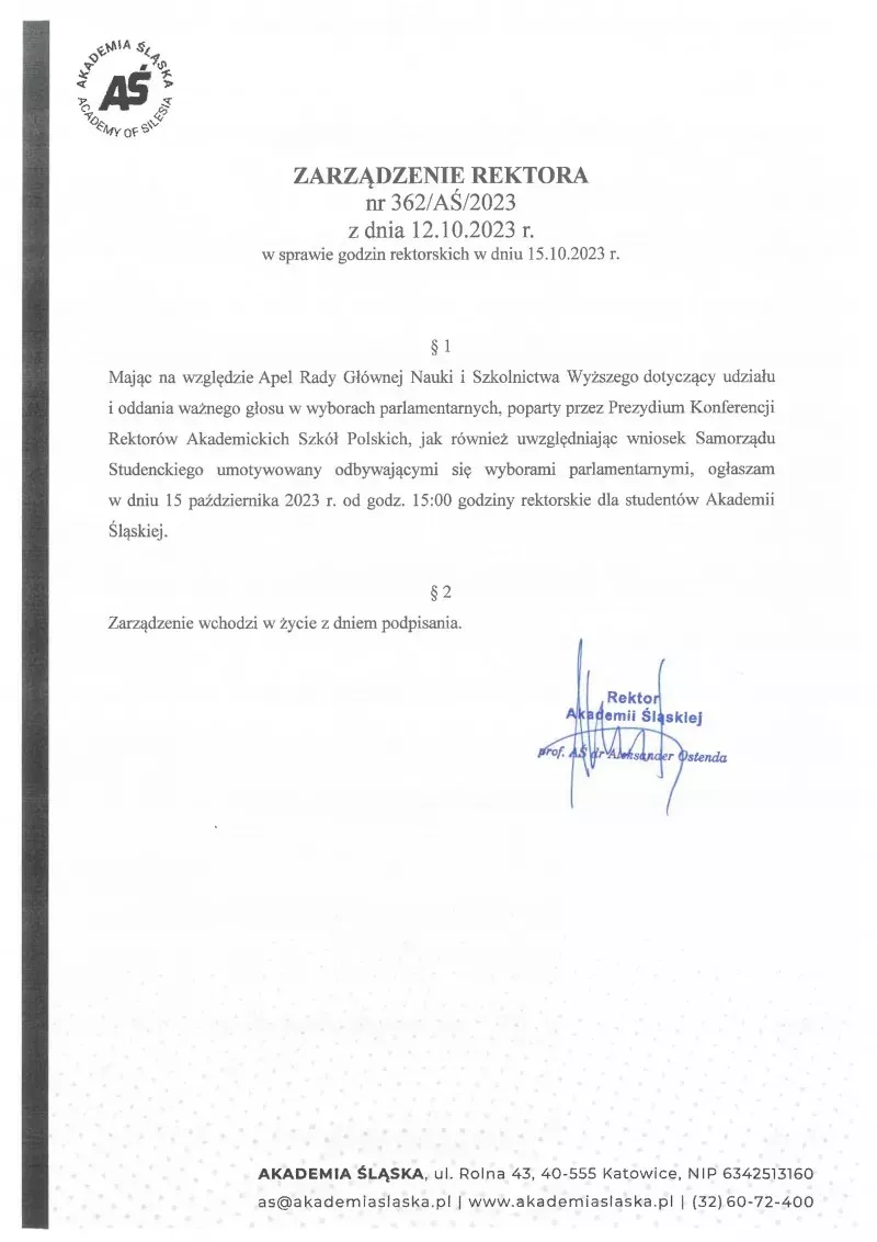 ZARZĄDZENIE REKTORA W SPRAWIE GODZIN REKTORSKICH